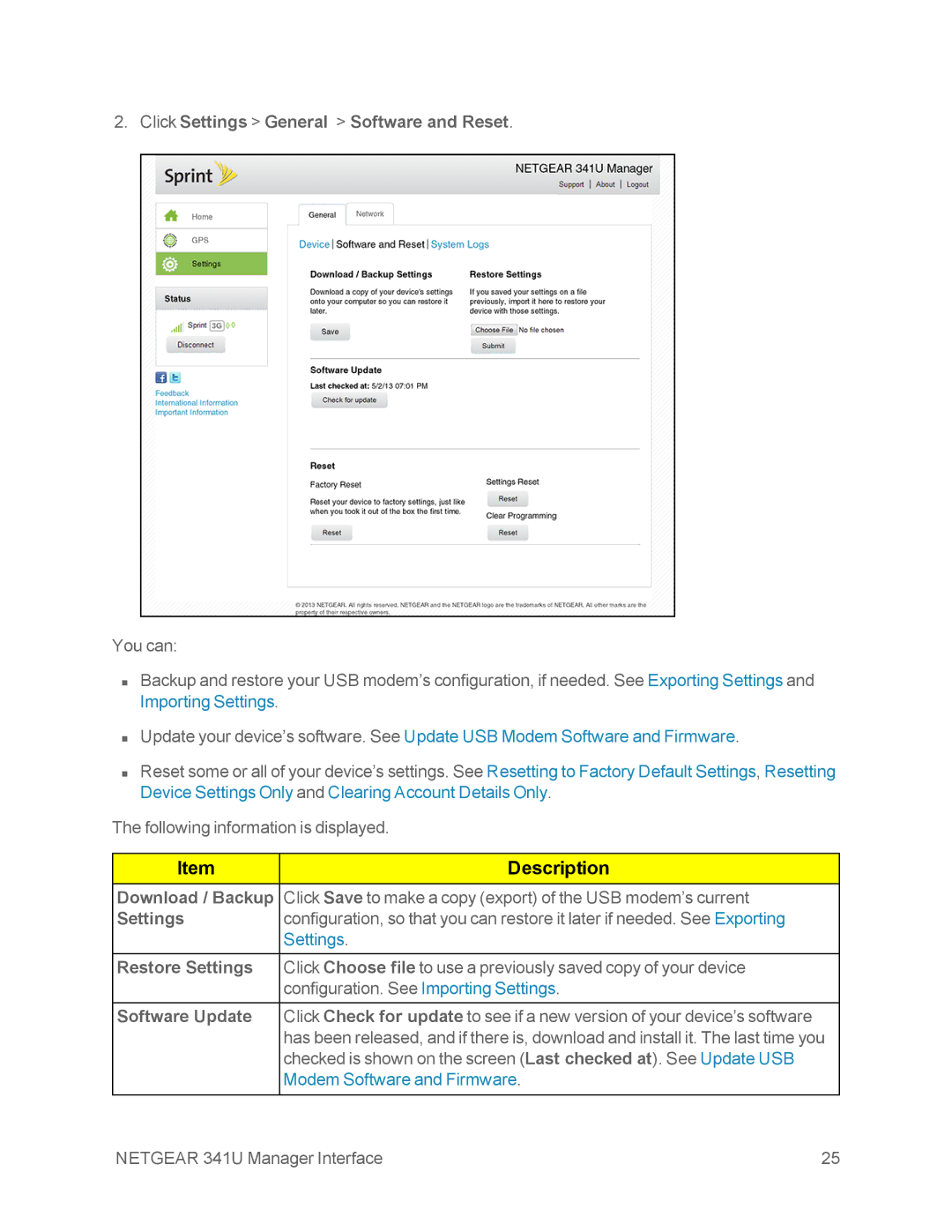 NETGEAR NETGEAR 341U manual Click Settings General Software and Reset, Download / Backup, Restore Settings, Software Update 