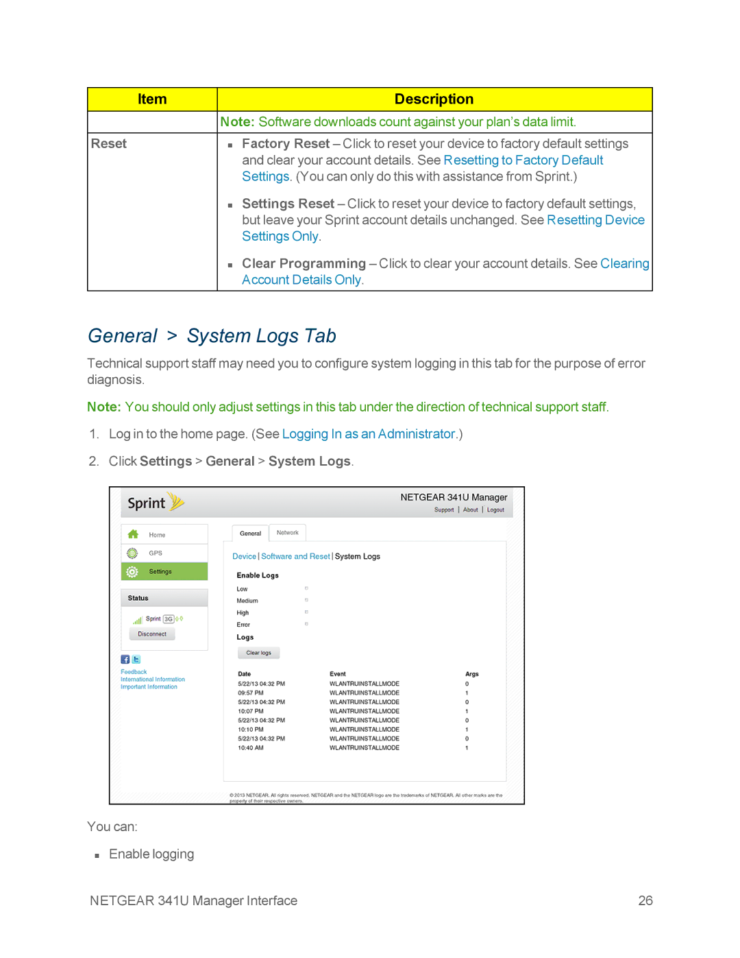 NETGEAR NETGEAR 341U manual General System Logs Tab, Reset, Click Settings General System Logs 