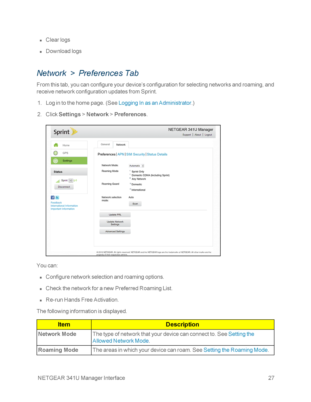 NETGEAR NETGEAR 341U manual Network Preferences Tab, Click Settings Network Preferences, Network Mode, Roaming Mode 