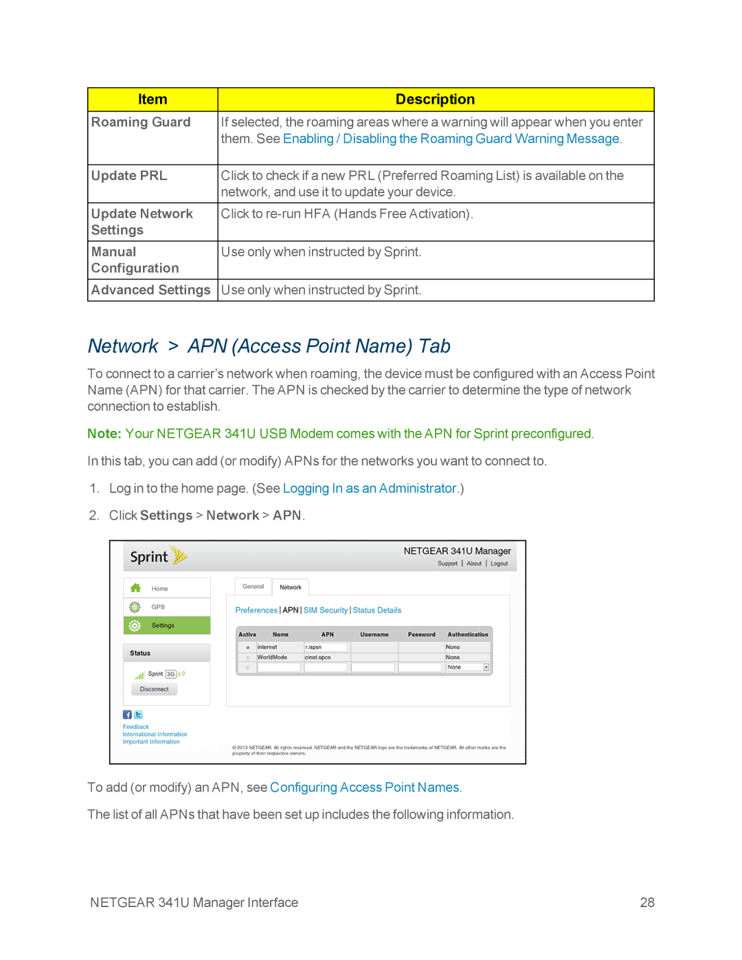 NETGEAR NETGEAR 341U manual Network APN Access Point Name Tab 