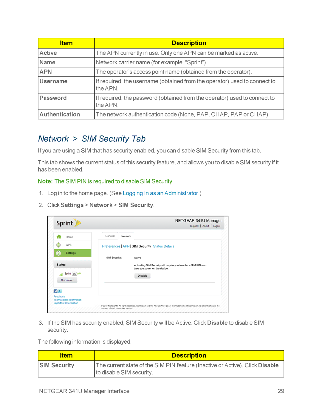 NETGEAR NETGEAR 341U manual Network SIM Security Tab 