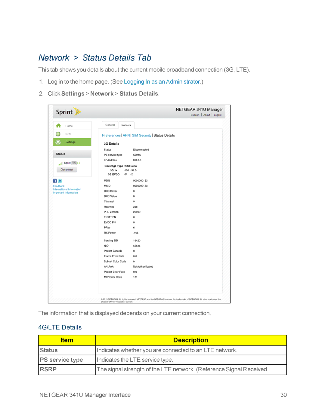 NETGEAR NETGEAR 341U manual Network Status Details Tab, Click Settings Network Status Details, PS service type 