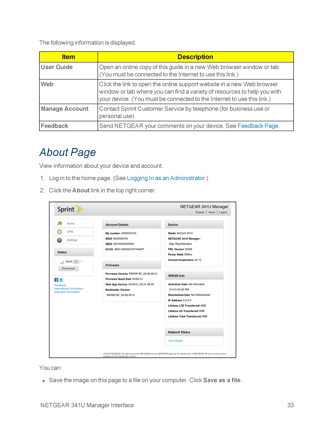 NETGEAR NETGEAR 341U manual About, User Guide, Web, Manage Account, Feedback 