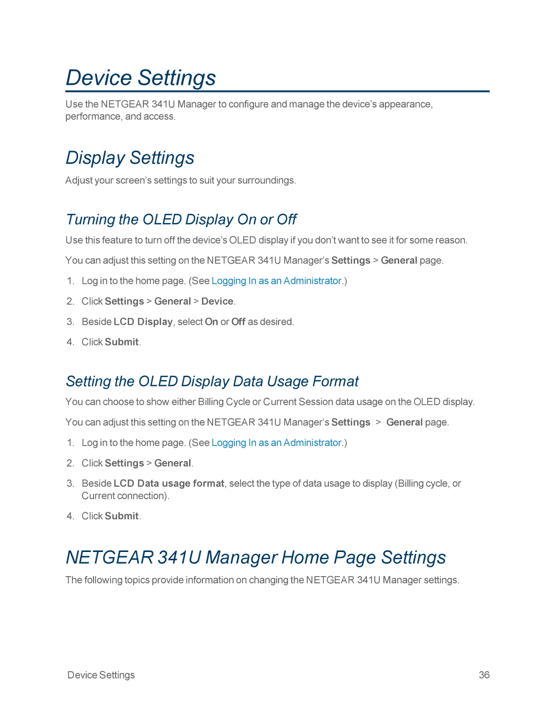 NETGEAR NETGEAR 341U manual Device Settings, Display Settings, Netgear 341U Manager Home Page Settings 