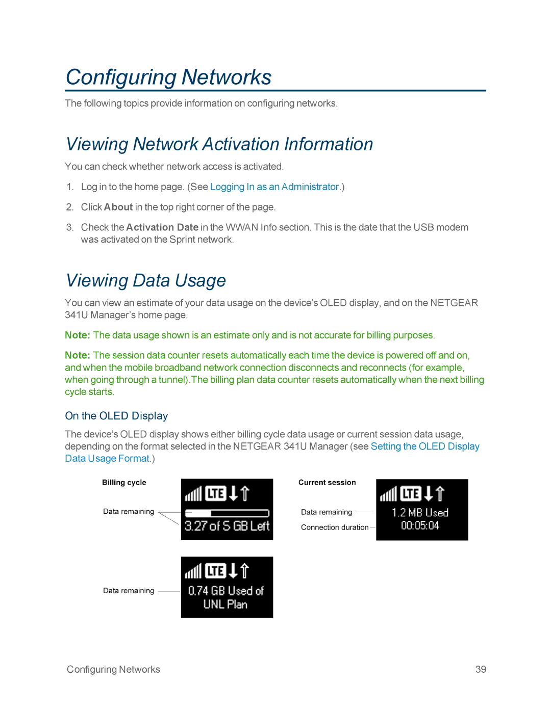 NETGEAR NETGEAR 341U manual Configuring Networks, Viewing Network Activation Information, Viewing Data Usage 