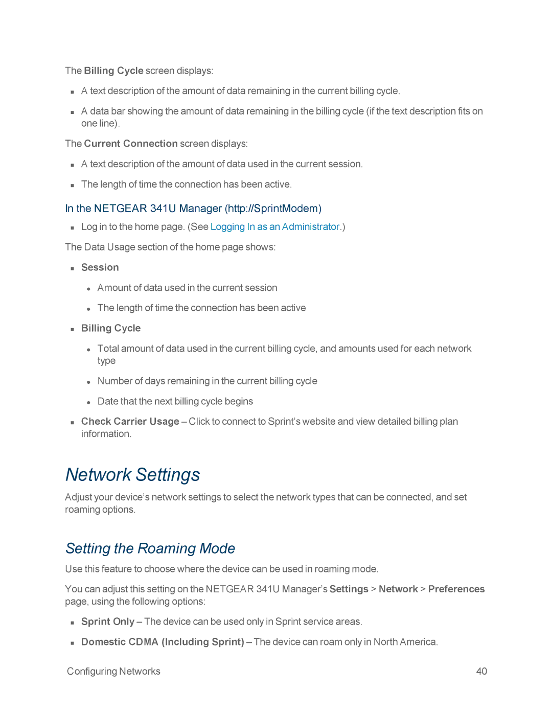 NETGEAR NETGEAR 341U manual Network Settings, Setting the Roaming Mode, Session, Billing Cycle 