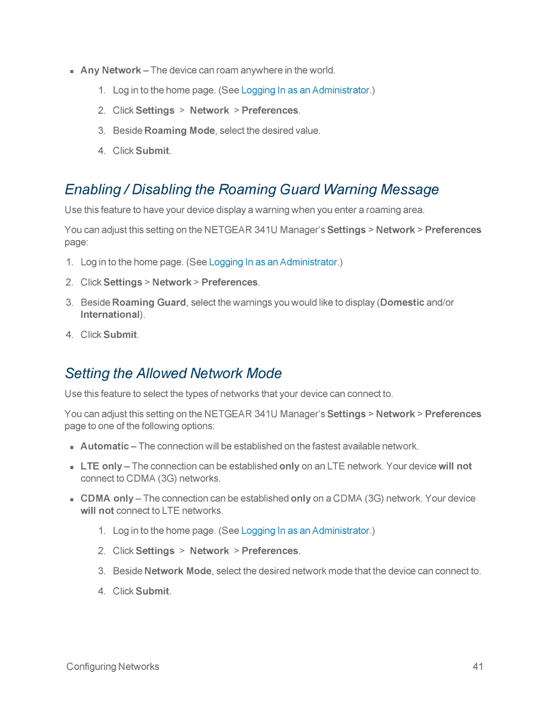 NETGEAR NETGEAR 341U manual Enabling / Disabling the Roaming Guard Warning Message, Setting the Allowed Network Mode 