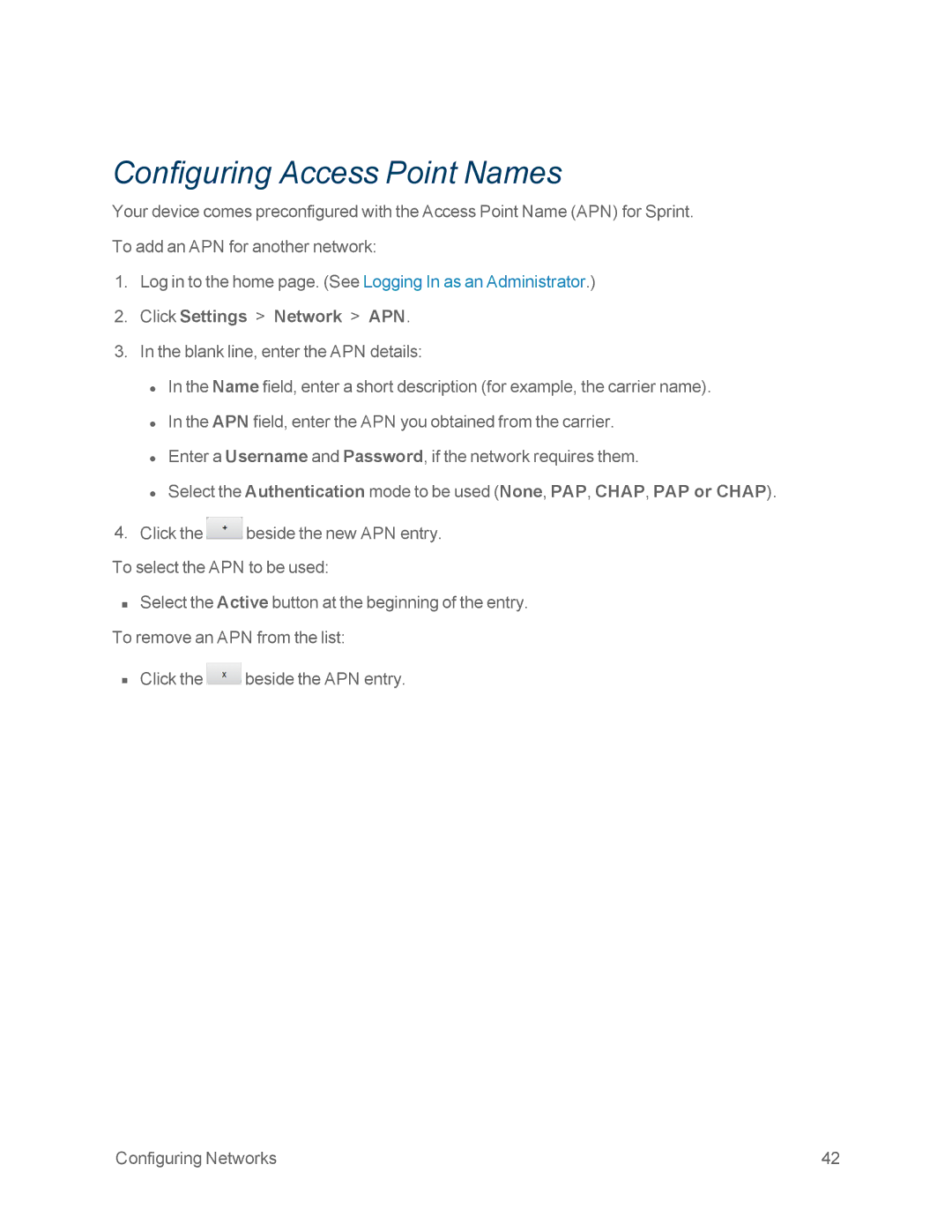 NETGEAR NETGEAR 341U manual Configuring Access Point Names, Click Settings Network APN 