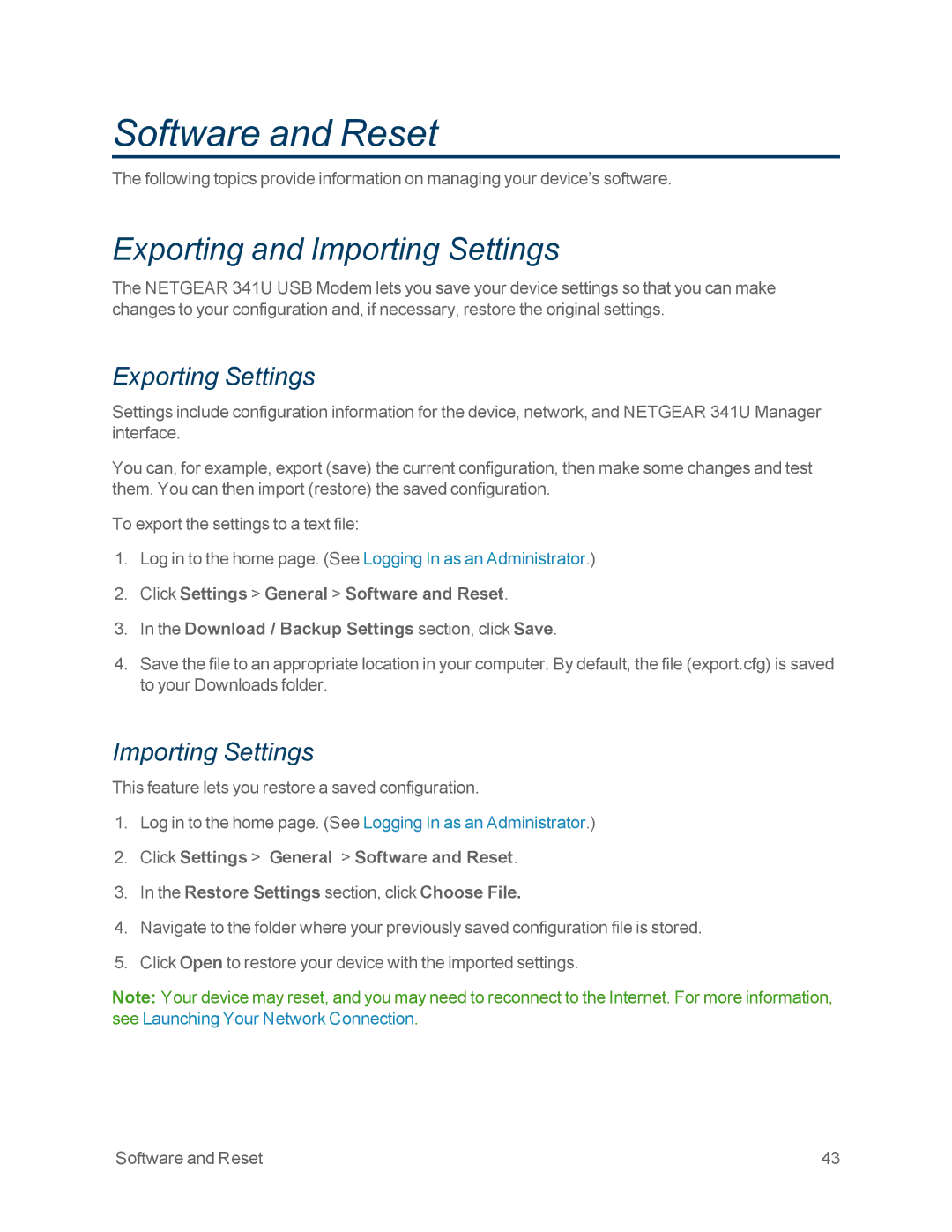 NETGEAR NETGEAR 341U manual Software and Reset, Exporting and Importing Settings, Exporting Settings 