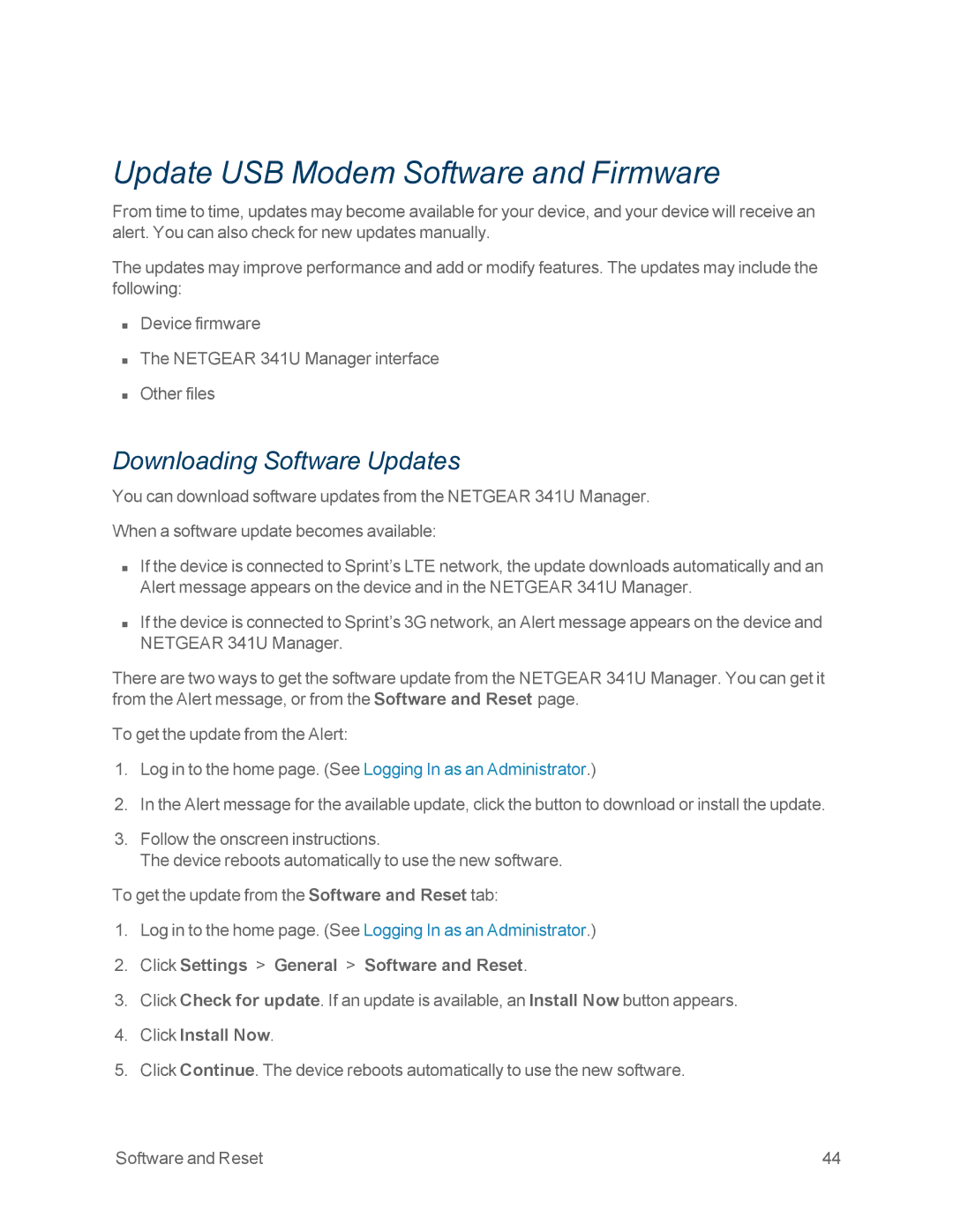 NETGEAR NETGEAR 341U manual Update USB Modem Software and Firmware, Downloading Software Updates, Click Install Now 