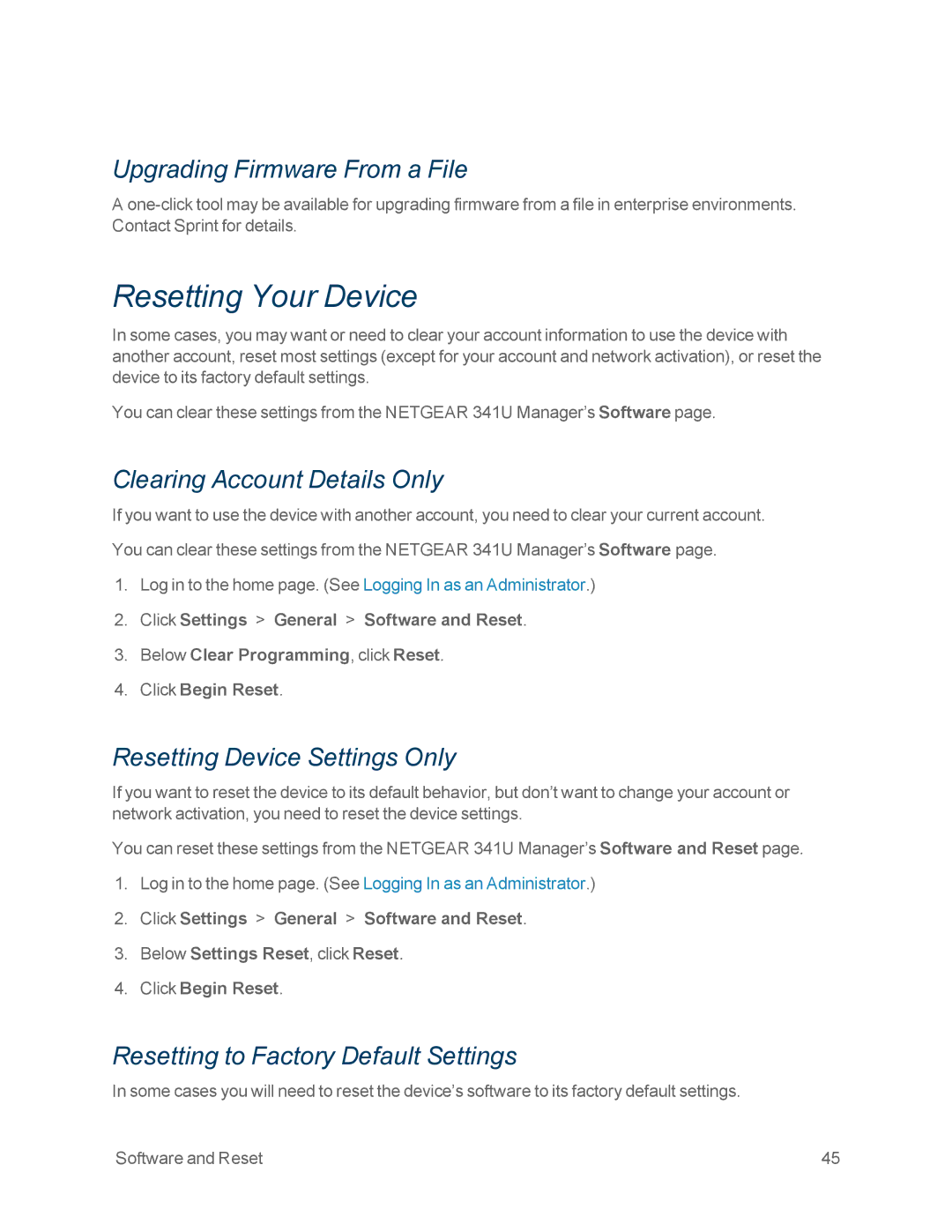 NETGEAR NETGEAR 341U manual Resetting Your Device, Upgrading Firmware From a File, Clearing Account Details Only 