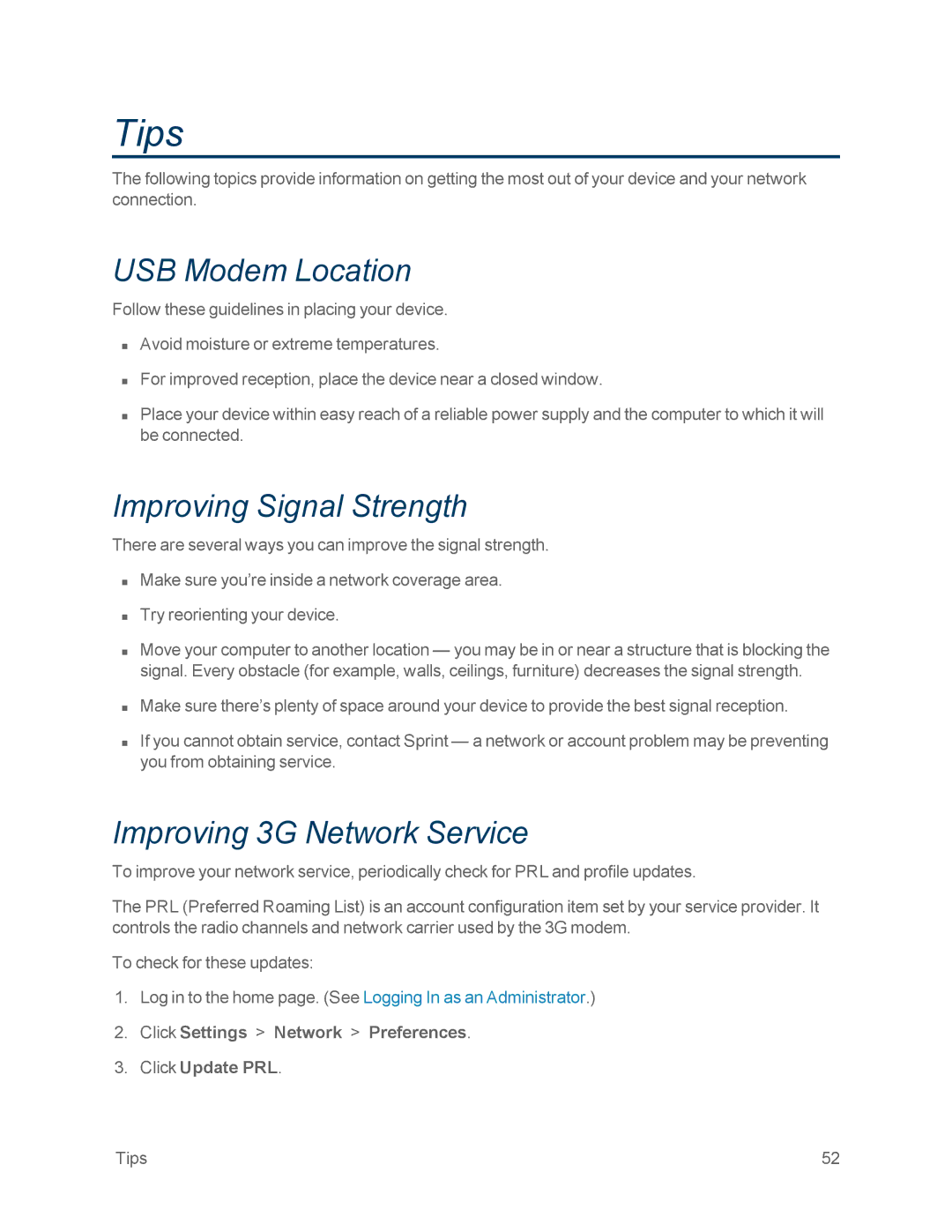 NETGEAR NETGEAR 341U manual Tips, USB Modem Location, Improving Signal Strength, Improving 3G Network Service 