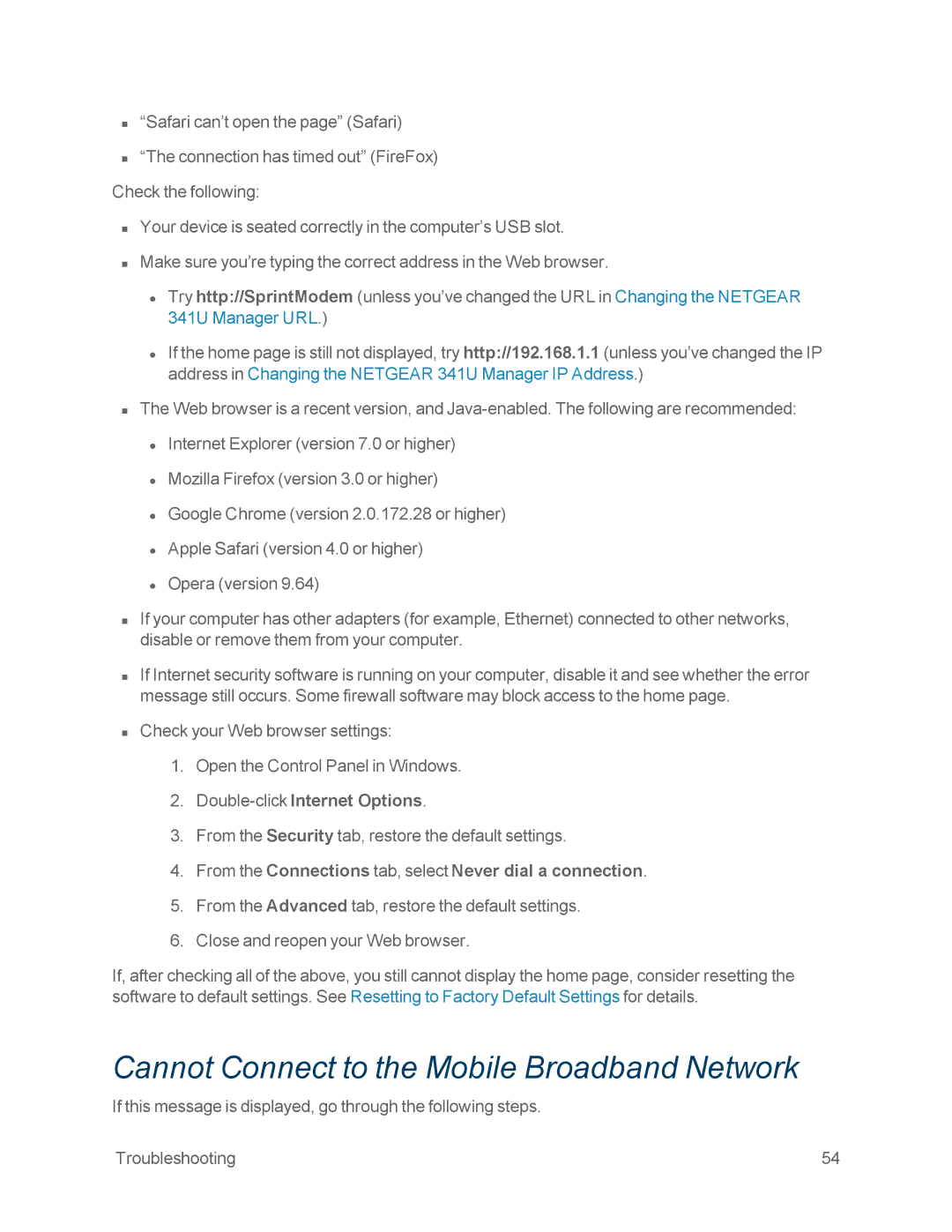 NETGEAR NETGEAR 341U manual Cannot Connect to the Mobile Broadband Network, Double-clickInternet Options 