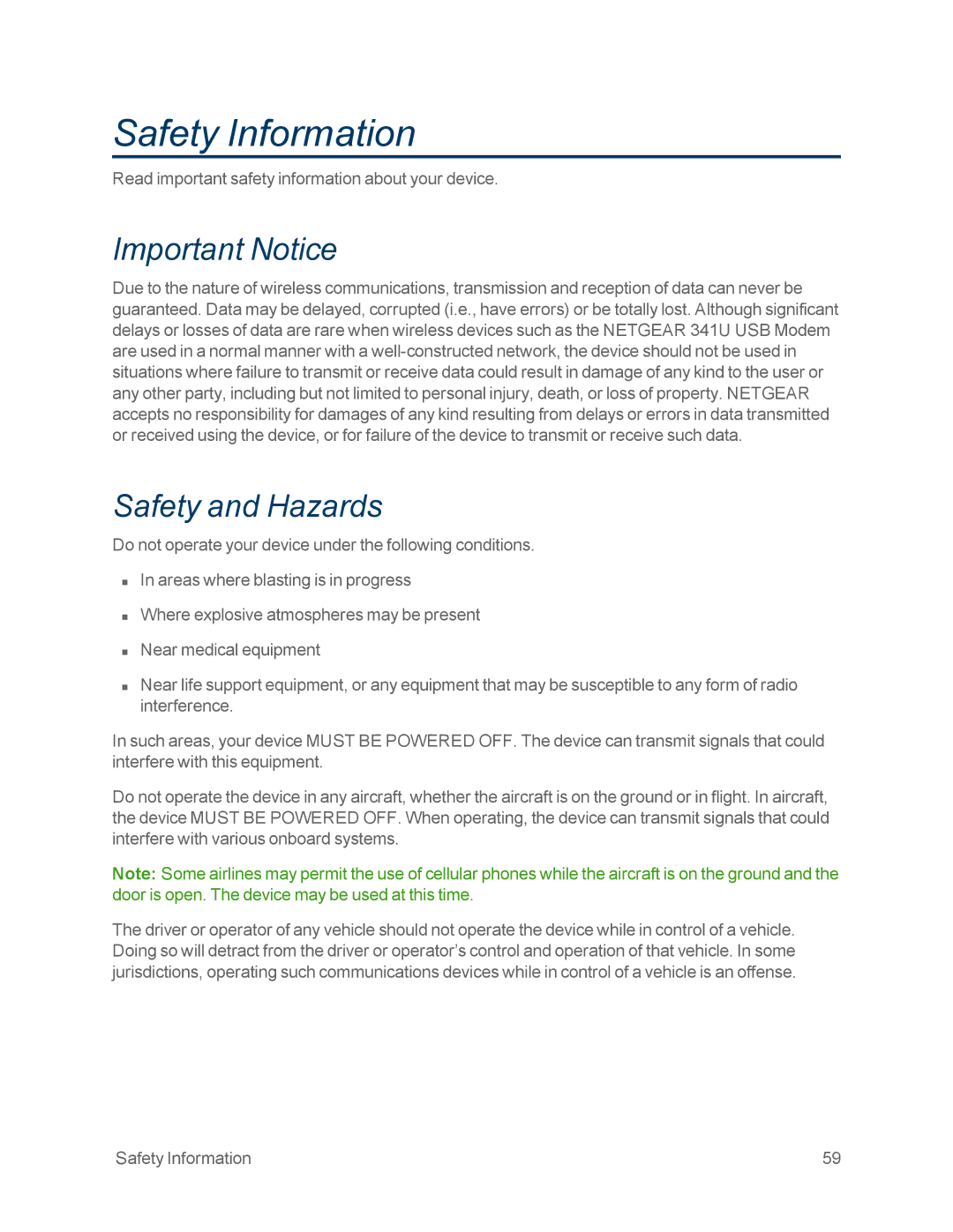 NETGEAR NETGEAR 341U manual Safety Information, Important Notice, Safety and Hazards 