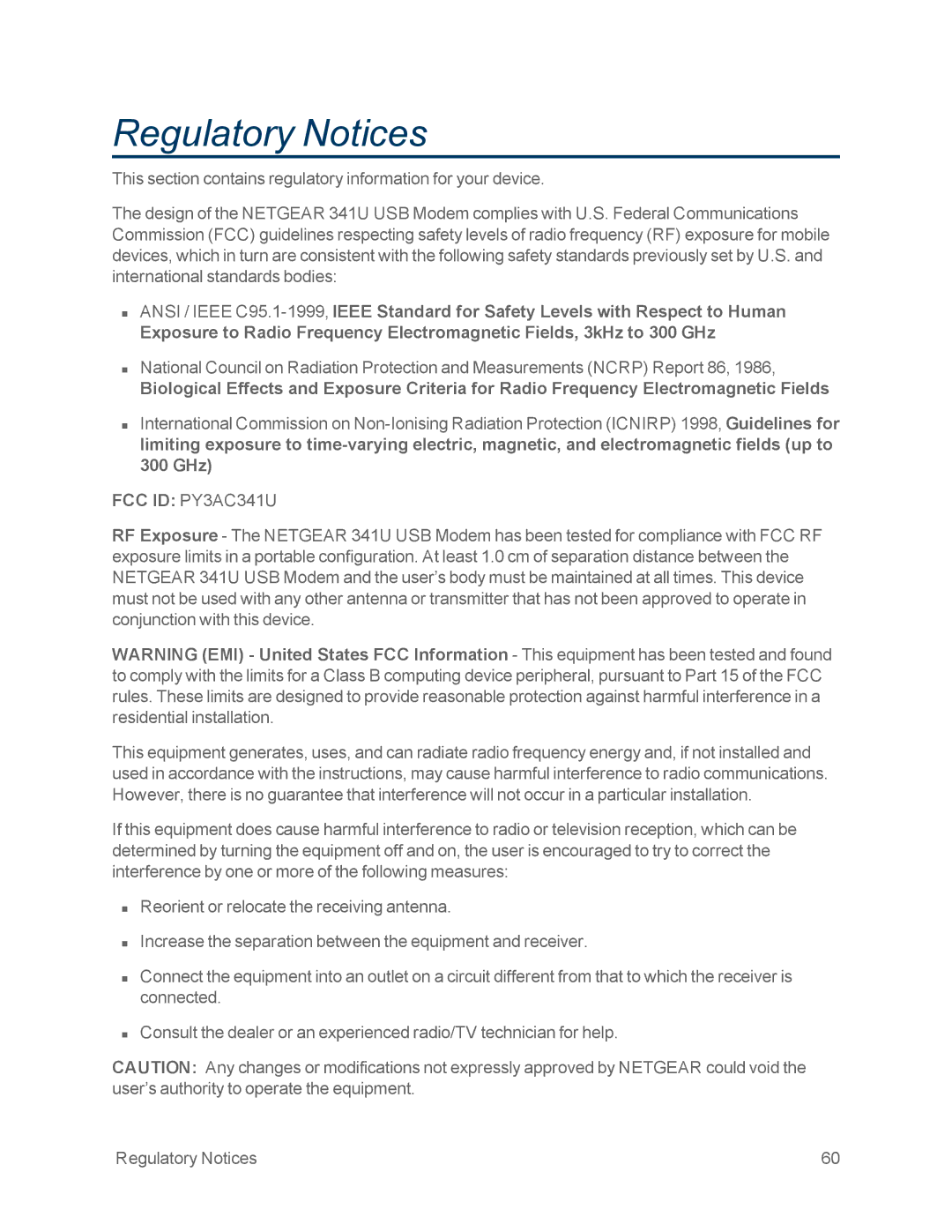 NETGEAR NETGEAR 341U manual Regulatory Notices, FCC ID PY3AC341U 