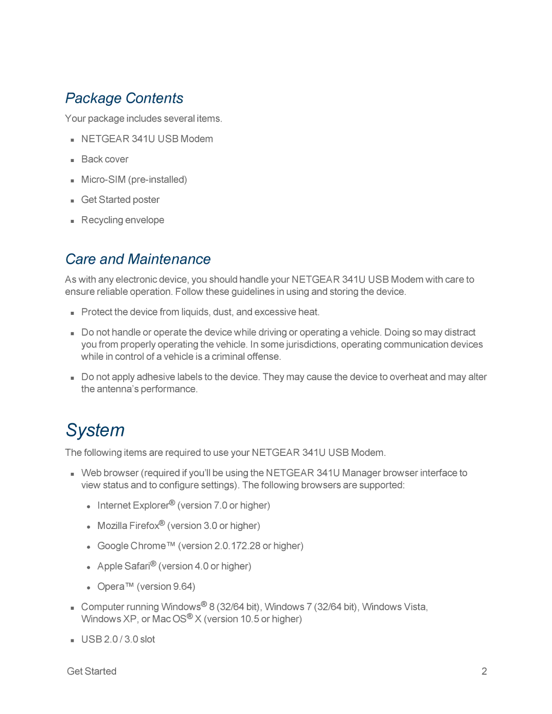 NETGEAR NETGEAR 341U manual System, Package Contents, Care and Maintenance 