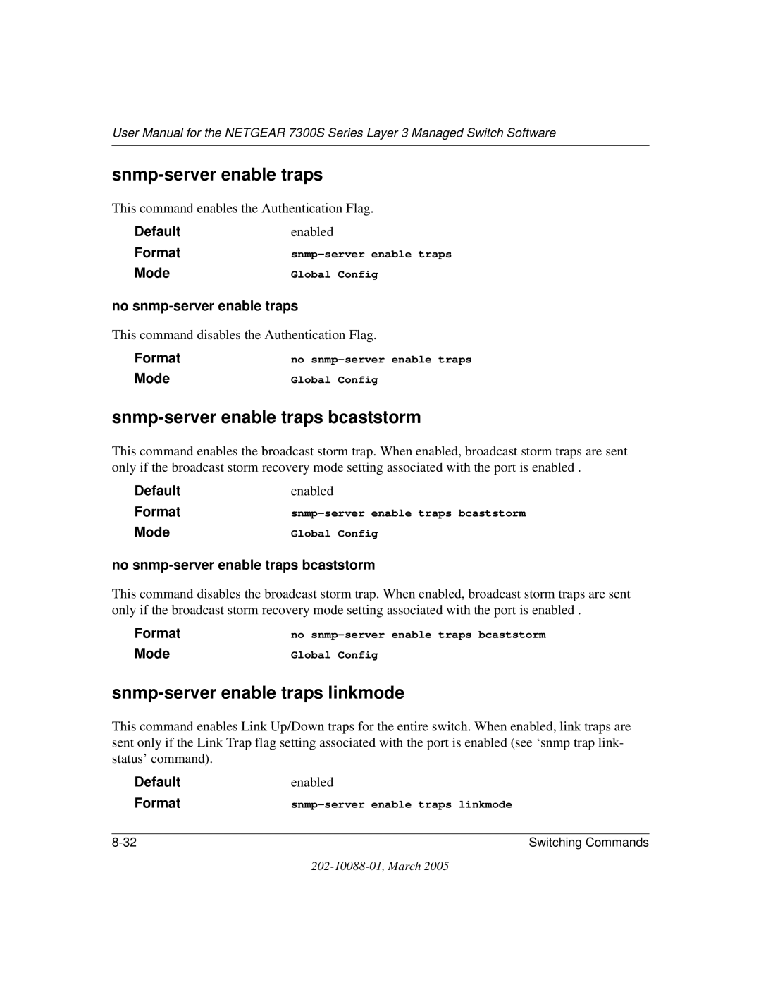 NETGEAR NETGEAR Snmp-server enable traps bcaststorm, Snmp-server enable traps linkmode, No snmp-server enable traps 