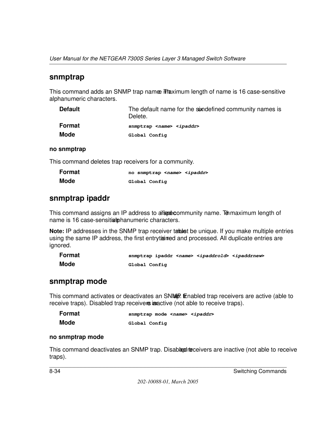 NETGEAR NETGEAR user manual Snmptrap ipaddr, Snmptrap mode, No snmptrap mode 