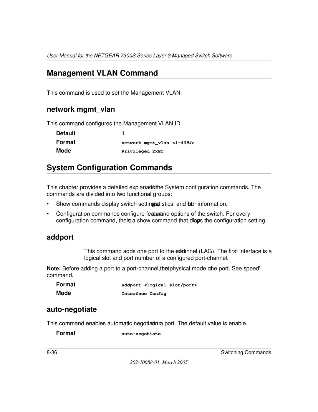 NETGEAR NETGEAR Management Vlan Command, System Configuration Commands, Network mgmtvlan, Addport, Auto-negotiate 