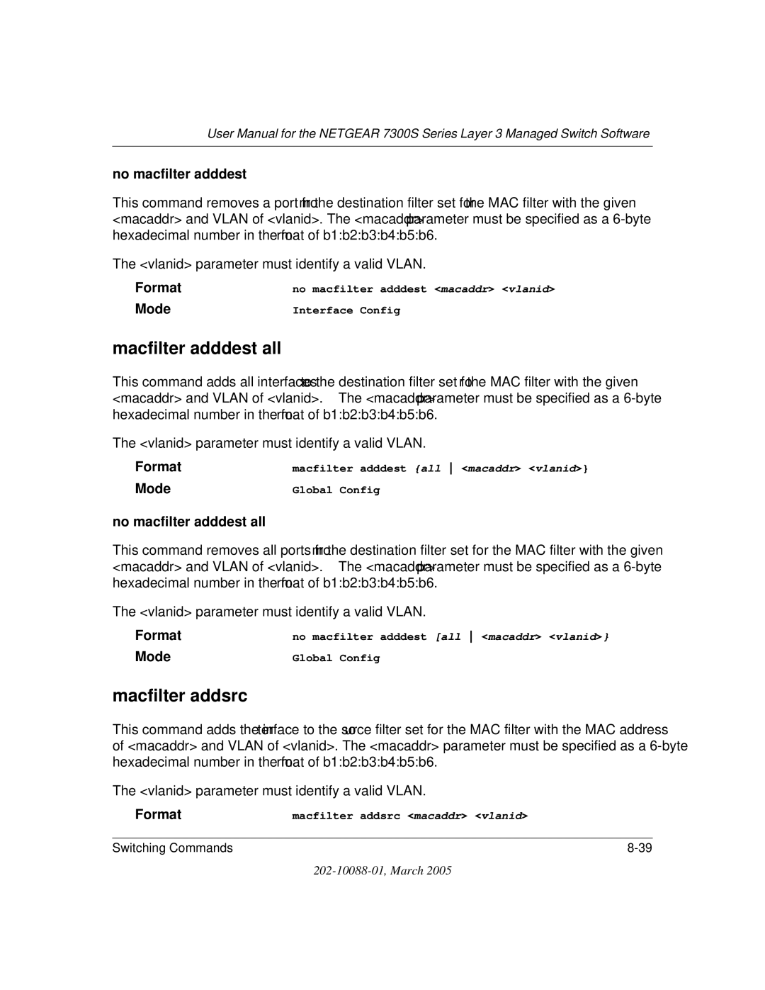 NETGEAR NETGEAR user manual Macfilter adddest all, Macfilter addsrc, No macfilter adddest all 