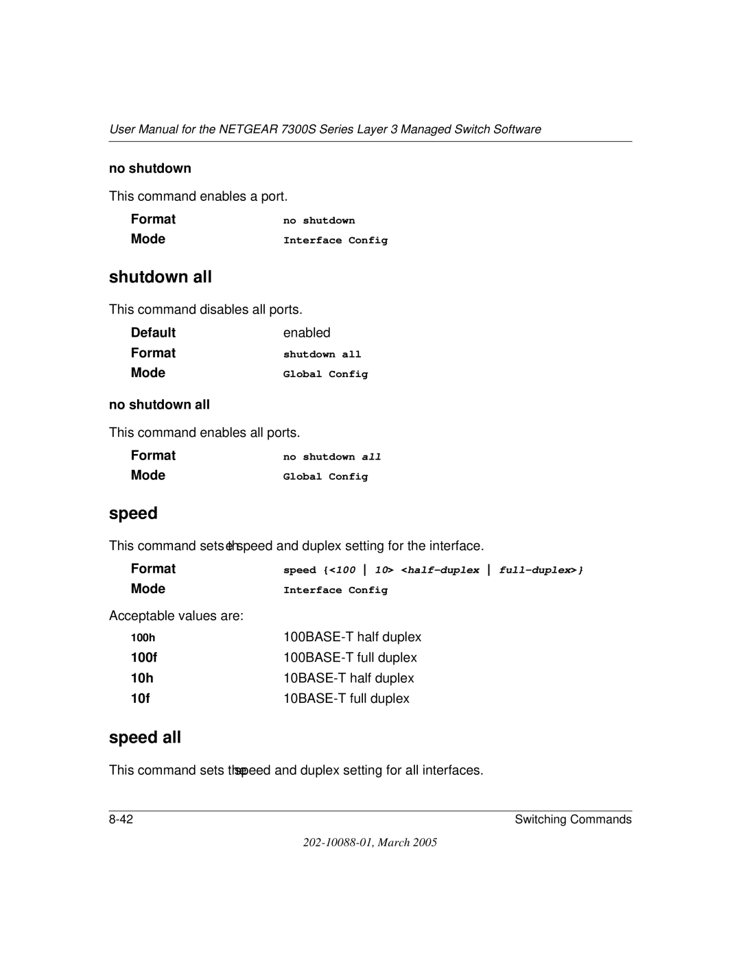 NETGEAR NETGEAR user manual Shutdown all, Speed all, No shutdown, 100f 10h 10f 