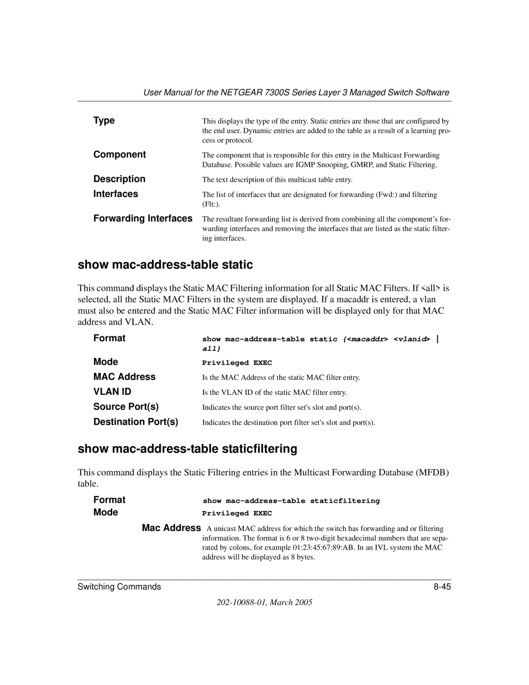 NETGEAR NETGEAR user manual Show mac-address-table staticfiltering 