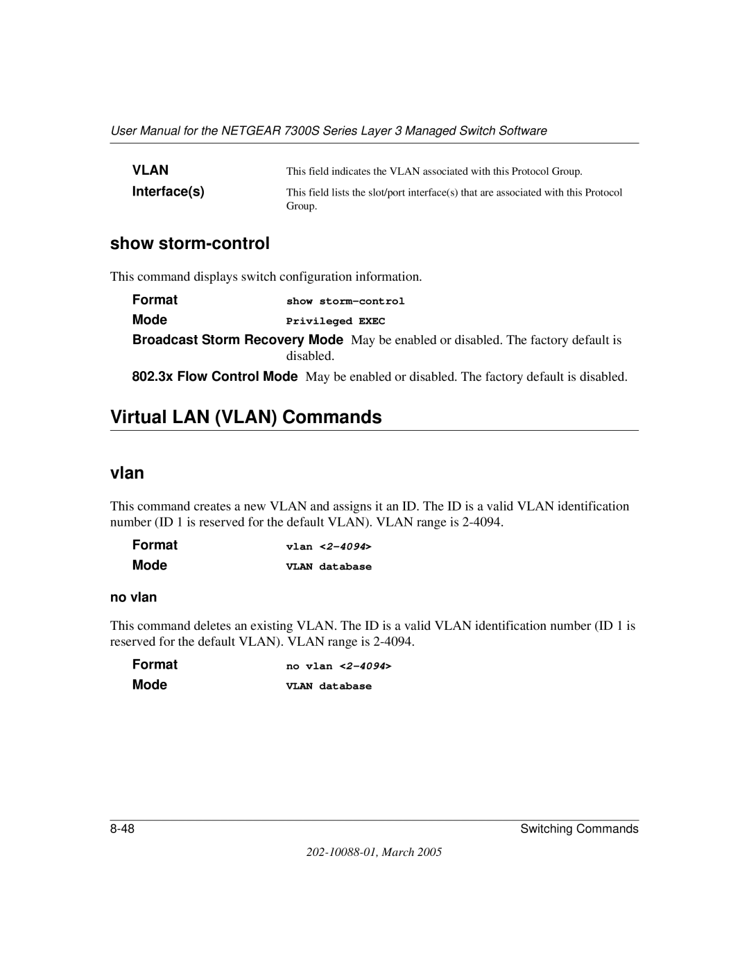 NETGEAR NETGEAR user manual Virtual LAN Vlan Commands, Show storm-control, No vlan 