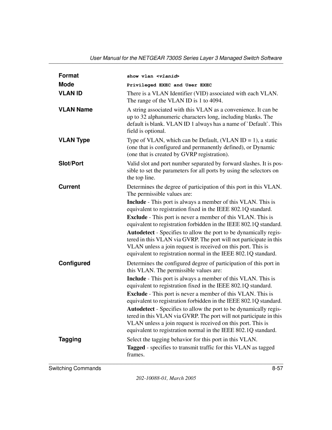 NETGEAR NETGEAR user manual Vlan Name, Vlan Type, Current, Configured, Tagging 