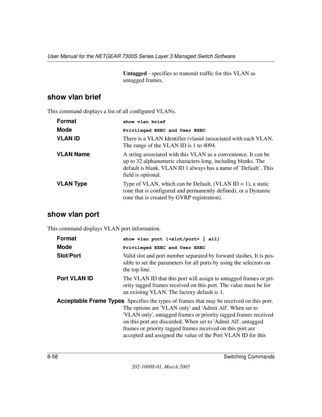 NETGEAR NETGEAR user manual Show vlan brief, Show vlan port, Port Vlan ID 