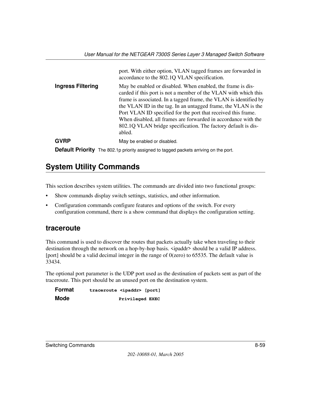 NETGEAR NETGEAR user manual System Utility Commands, Traceroute, Ingress Filtering 