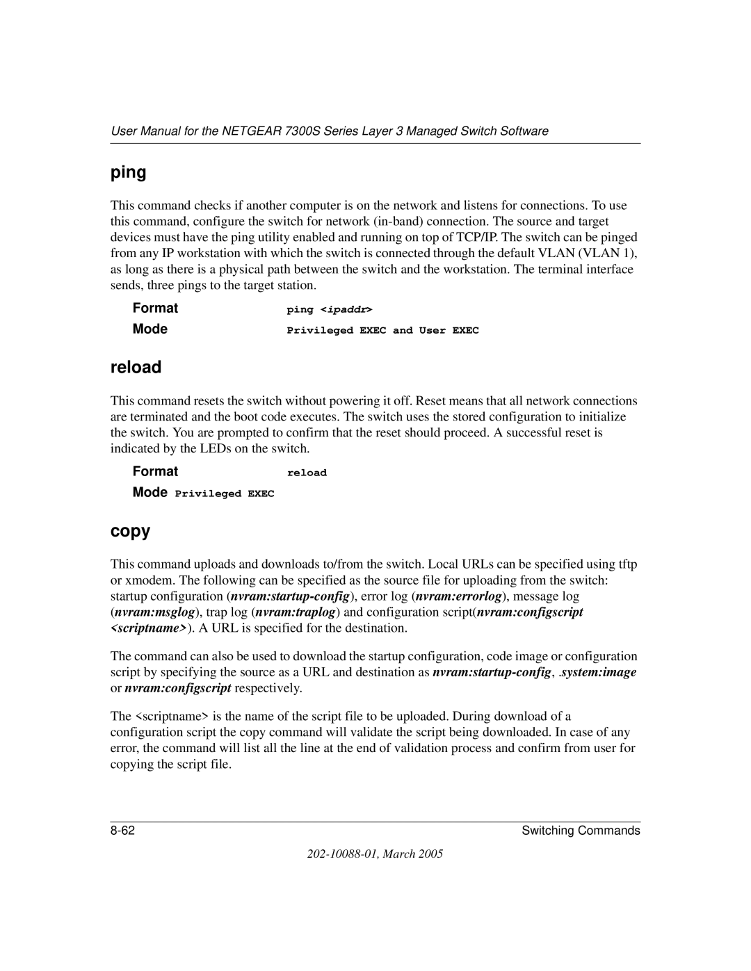 NETGEAR NETGEAR user manual Ping, Reload, Copy, Formatreload 