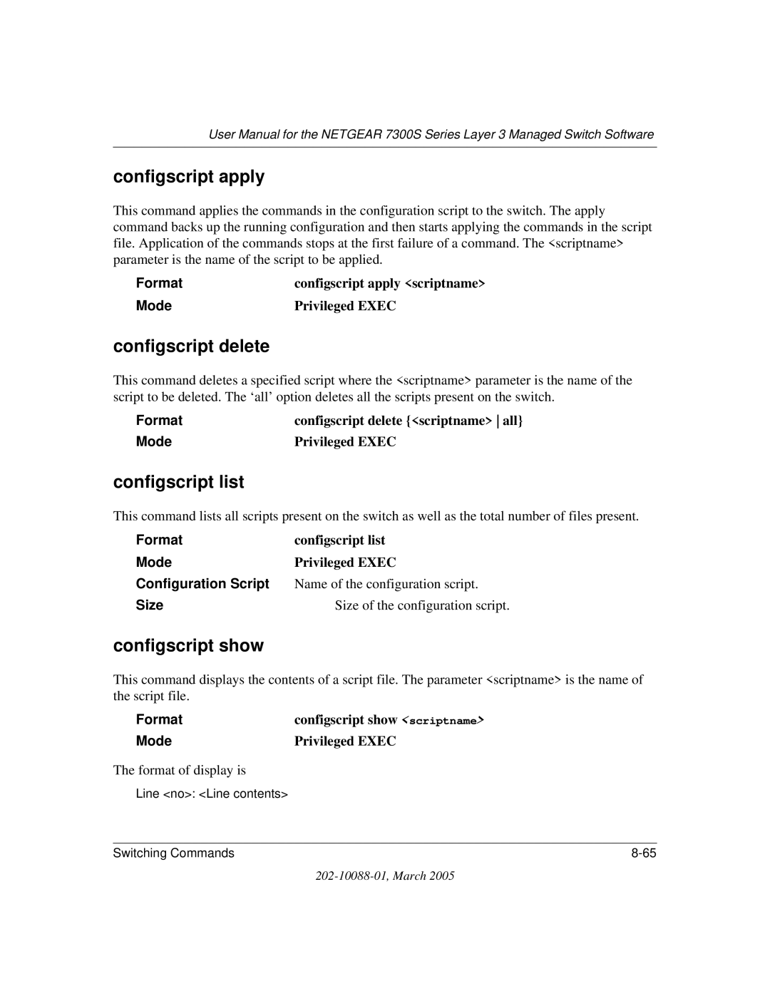 NETGEAR NETGEAR user manual Configscript apply, Configscript delete, Configscript list, Configscript show 