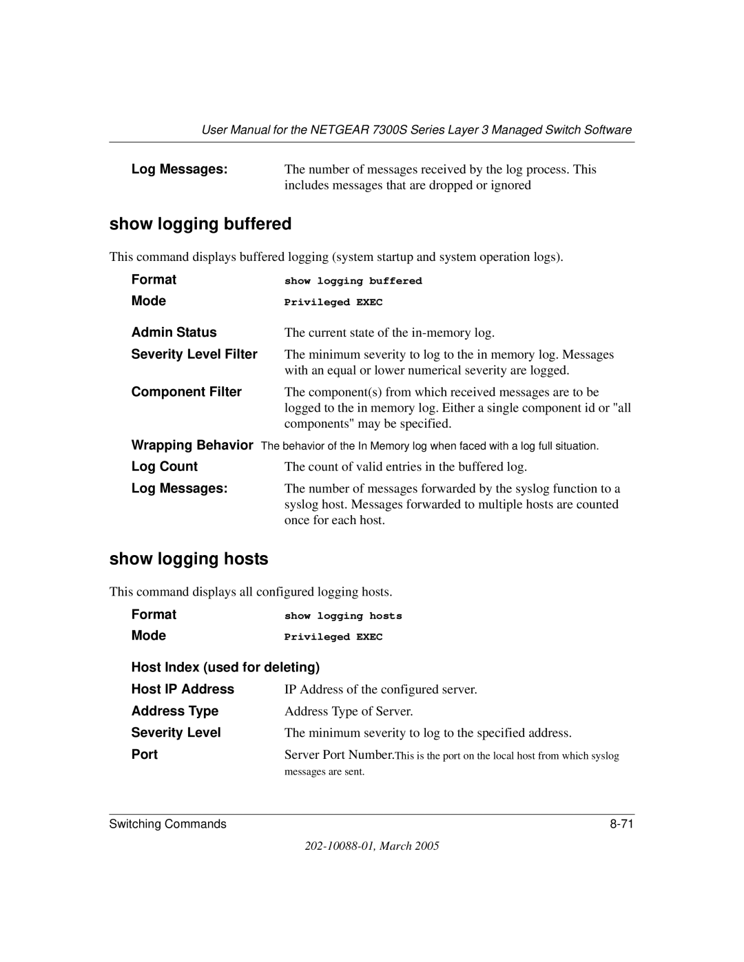 NETGEAR NETGEAR Show logging buffered, Show logging hosts, Admin Status, Severity Level Filter, Component Filter 