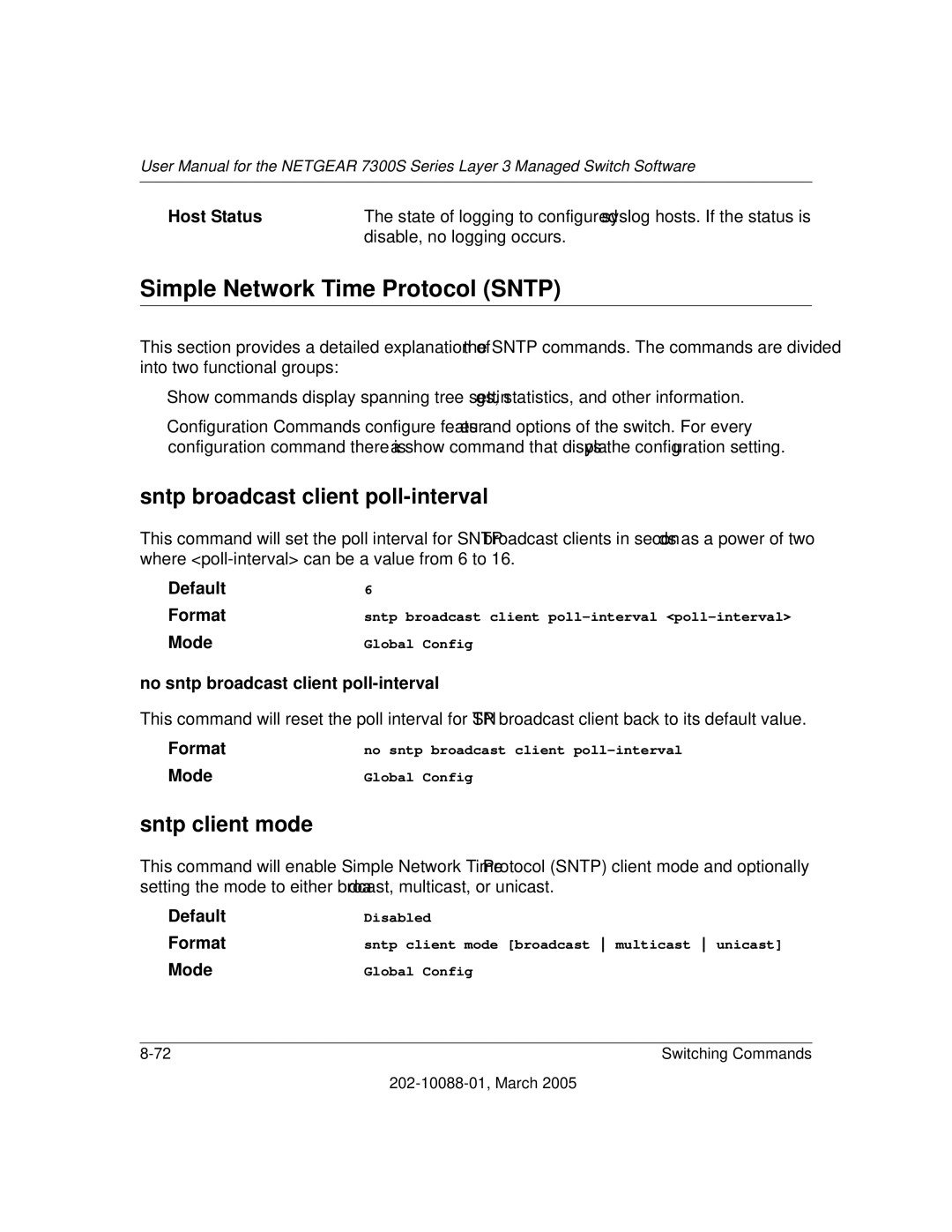 NETGEAR NETGEAR Simple Network Time Protocol Sntp, Sntp broadcast client poll-interval, Sntp client mode, Host Status 