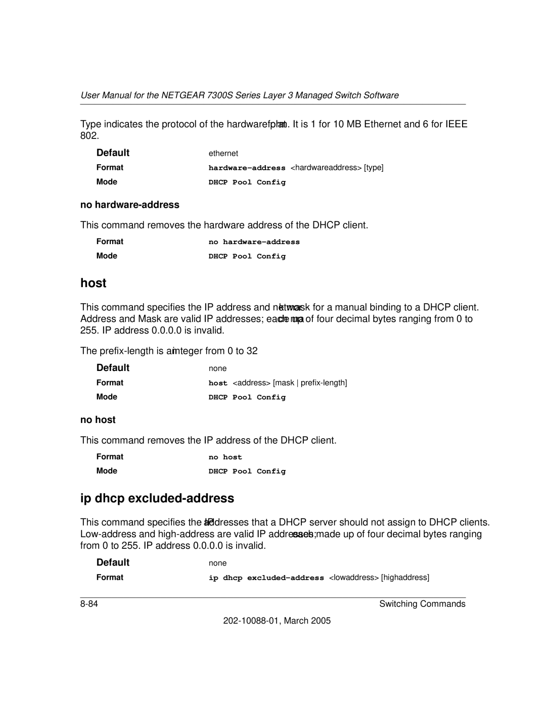 NETGEAR NETGEAR user manual Host, Ip dhcp excluded-address, No hardware-address, No host 