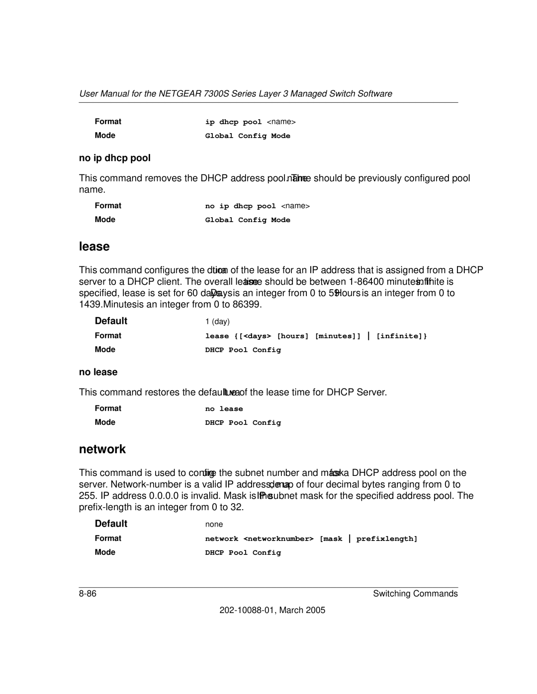 NETGEAR NETGEAR user manual Lease, Network, No ip dhcp pool, No lease 