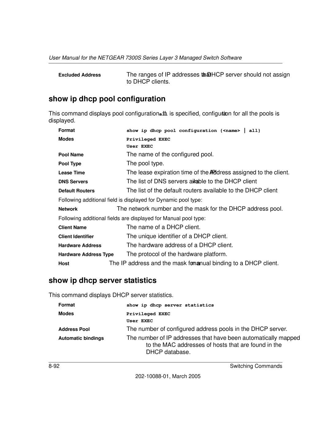 NETGEAR NETGEAR user manual Show ip dhcp pool configuration, Show ip dhcp server statistics 