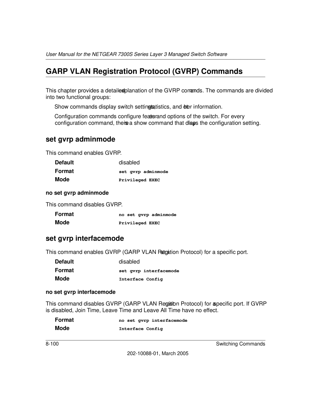 NETGEAR NETGEAR user manual Garp Vlan Registration Protocol Gvrp Commands, Set gvrp adminmode, Set gvrp interfacemode 