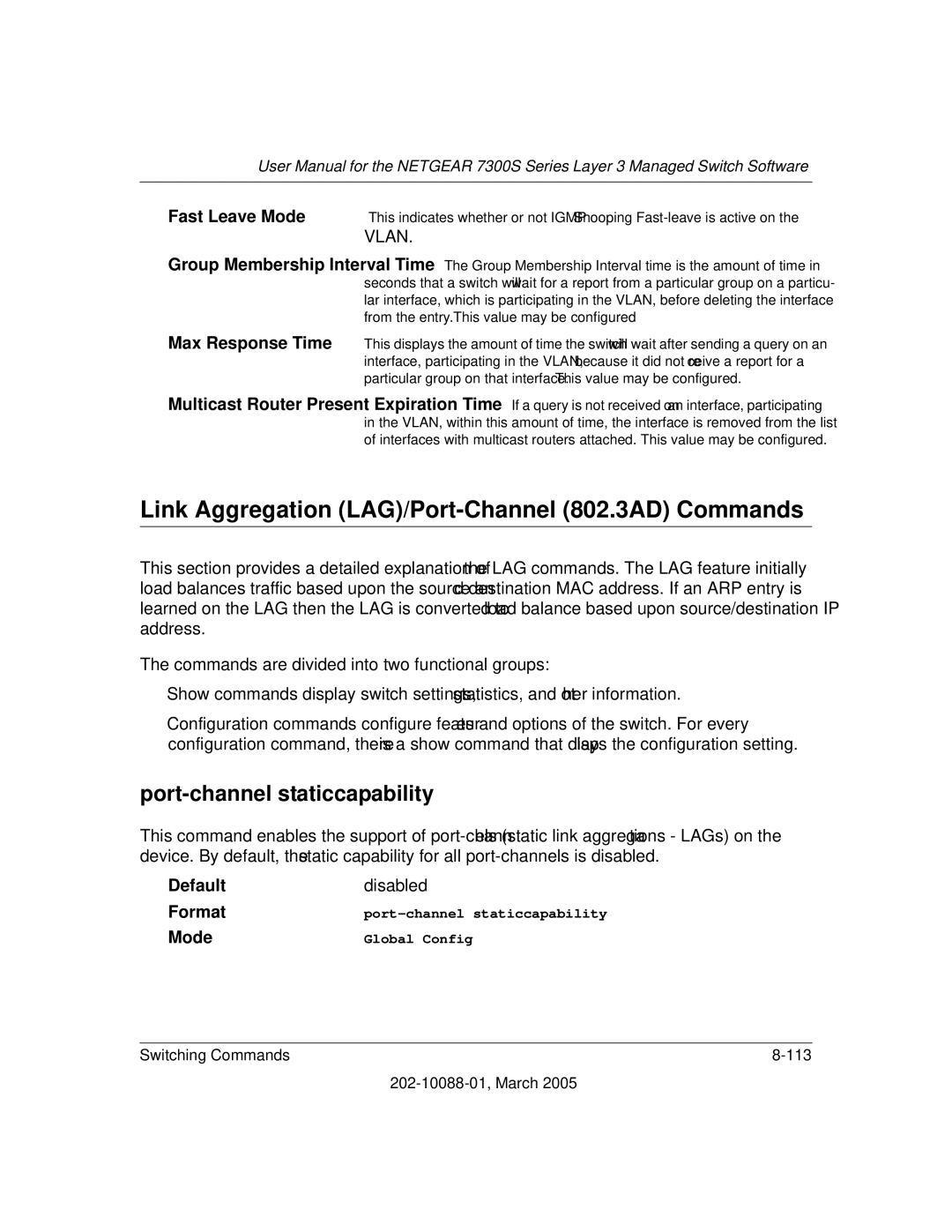 NETGEAR NETGEAR Link Aggregation LAG/Port-Channel 802.3AD Commands, Port-channel staticcapability, Fast Leave Mode 