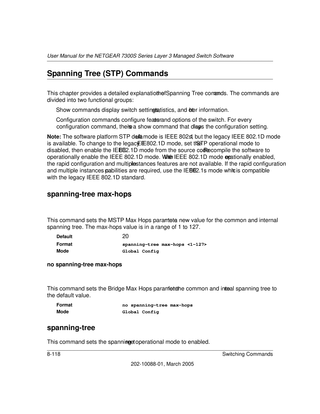 NETGEAR NETGEAR user manual Spanning Tree STP Commands, Spanning-tree max-hops, No spanning-tree max-hops 