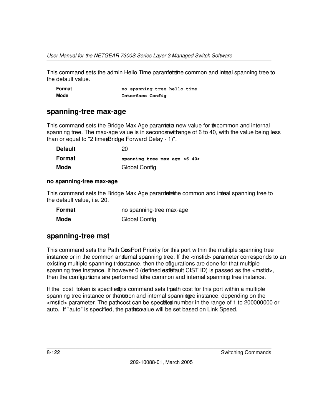 NETGEAR NETGEAR user manual Spanning-tree max-age, Spanning-tree mst, No spanning-tree max-age 