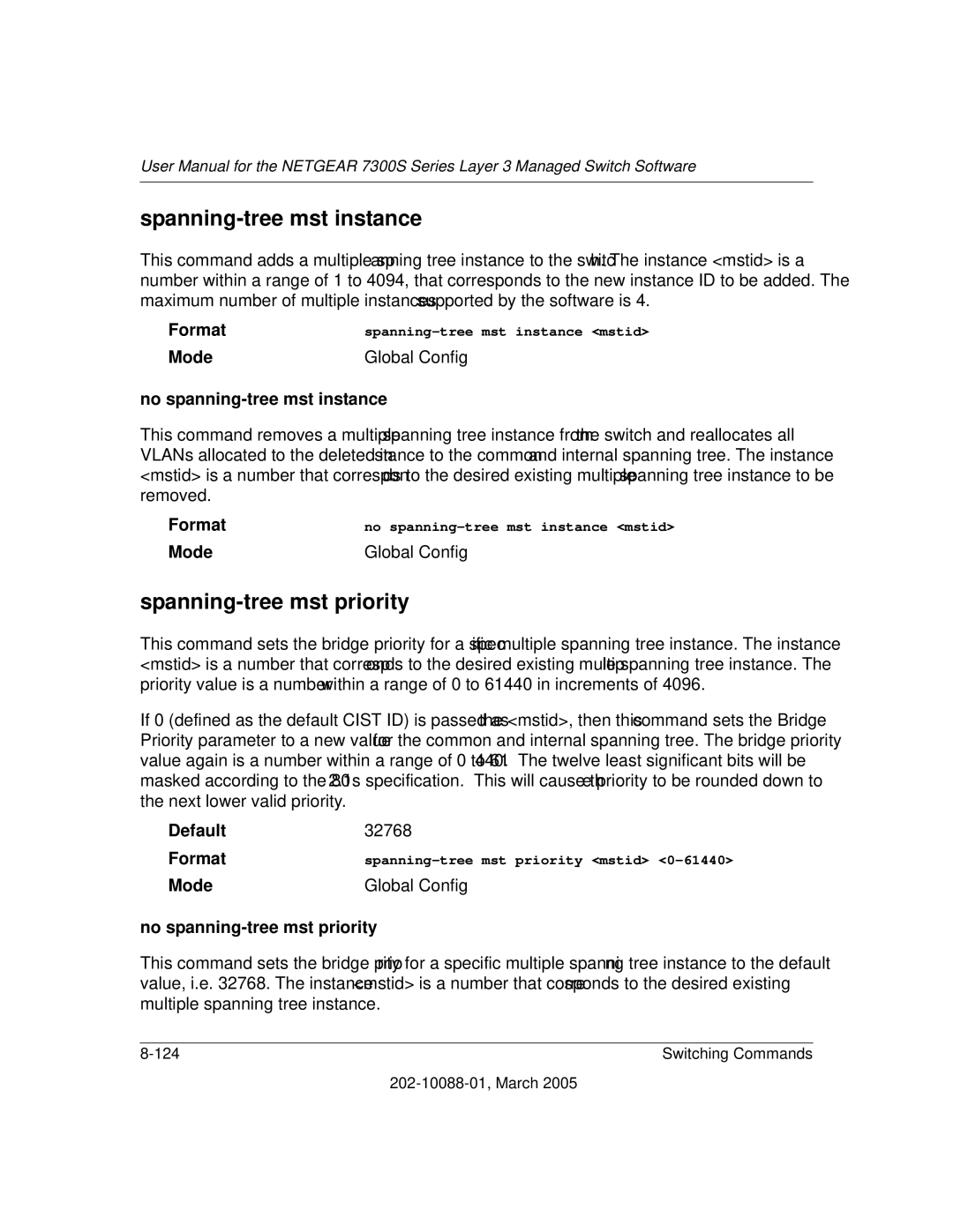 NETGEAR NETGEAR user manual Spanning-tree mst instance, Spanning-tree mst priority, No spanning-tree mst instance 