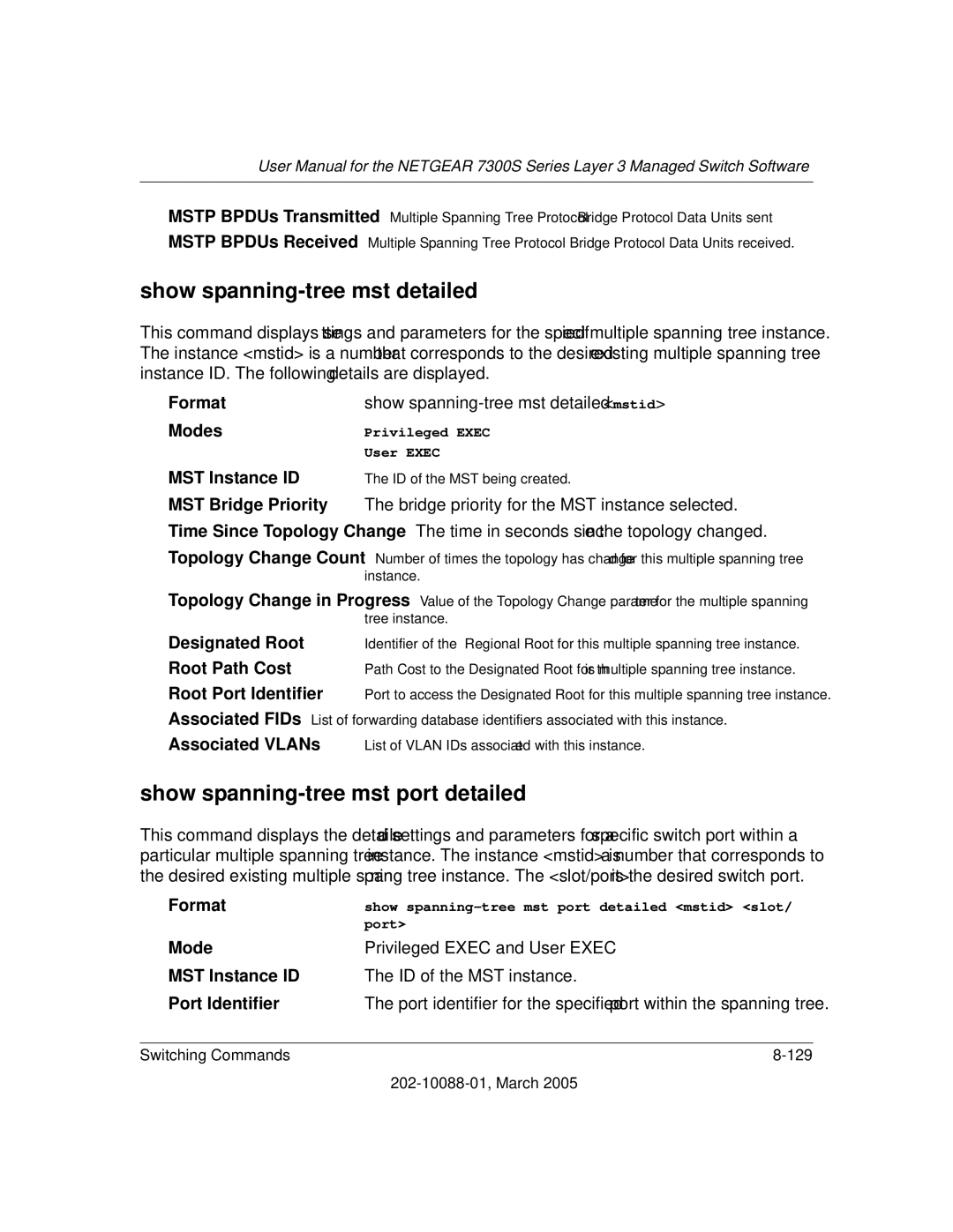 NETGEAR NETGEAR user manual Show spanning-tree mst detailed, Show spanning-tree mst port detailed 