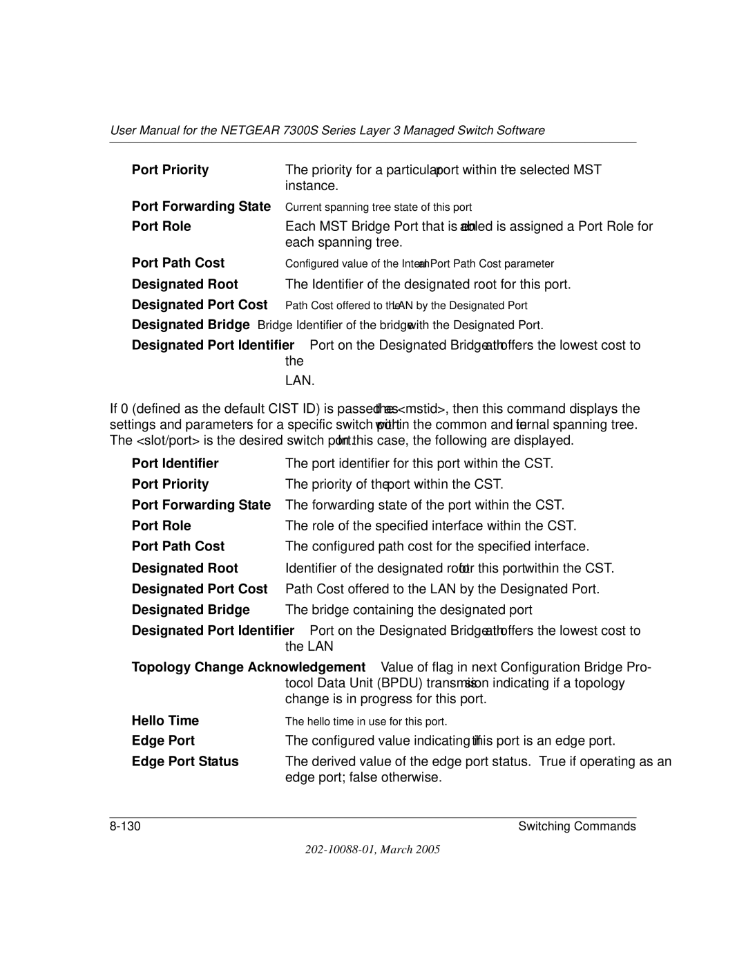 NETGEAR NETGEAR Port Priority, Port Forwarding State, Port Role, Port Path Cost, Designated Port Cost, Designated Bridge 