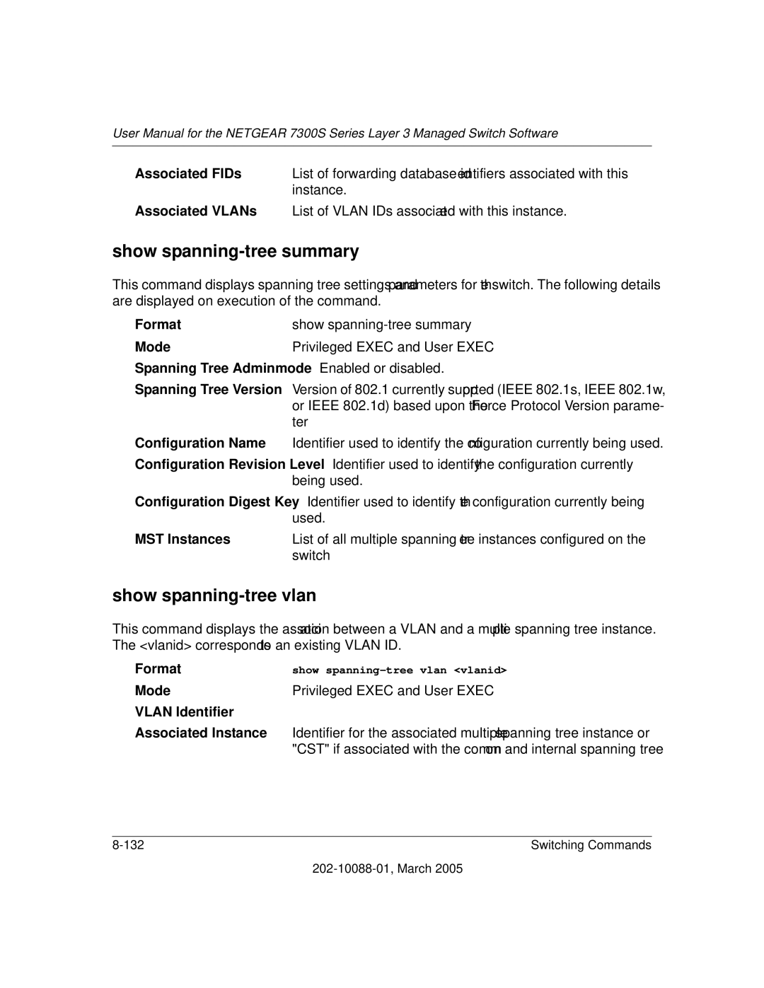 NETGEAR NETGEAR user manual Show spanning-tree summary, Show spanning-tree vlan 