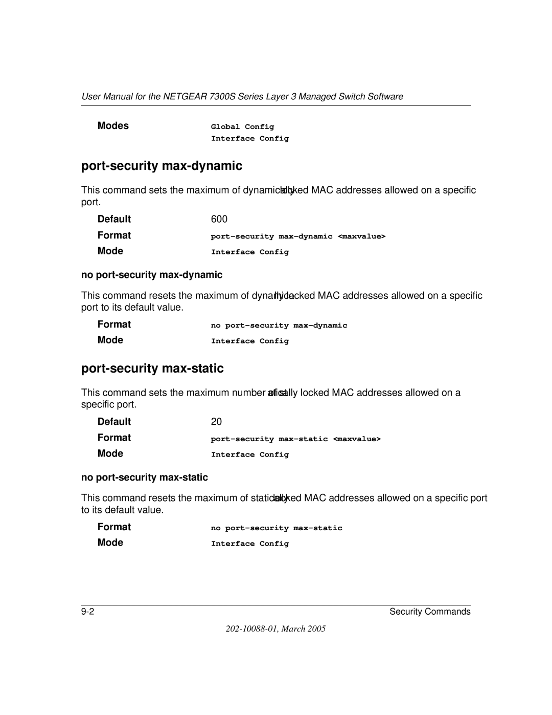 NETGEAR NETGEAR user manual Port-security max-dynamic, Port-security max-static, No port-security max-dynamic 