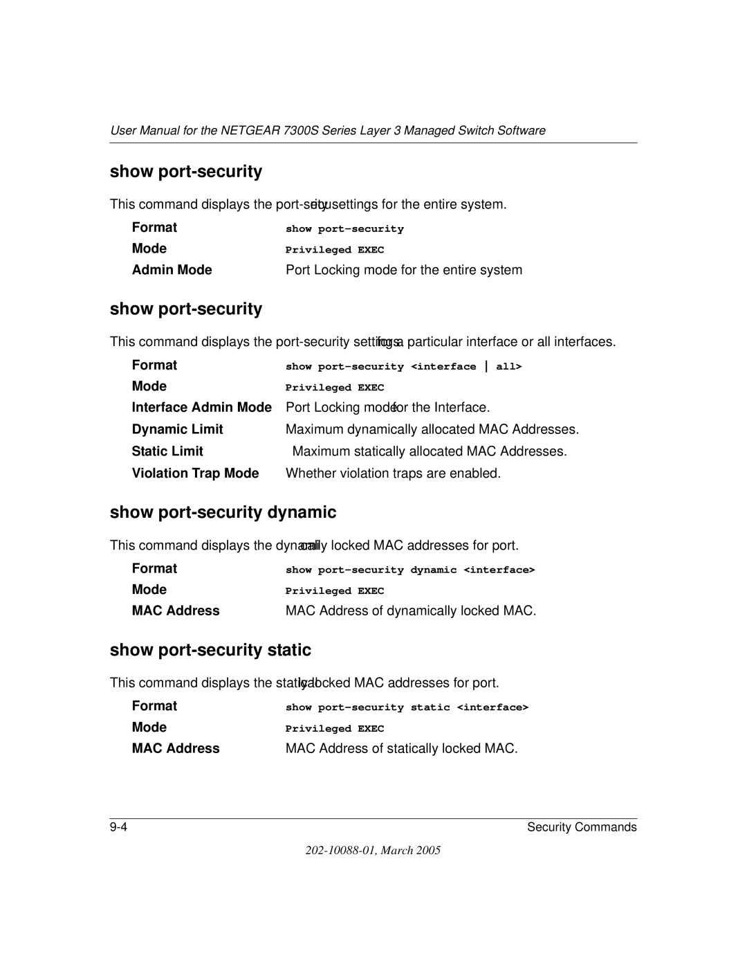 NETGEAR NETGEAR user manual Show port-security dynamic, Show port-security static 