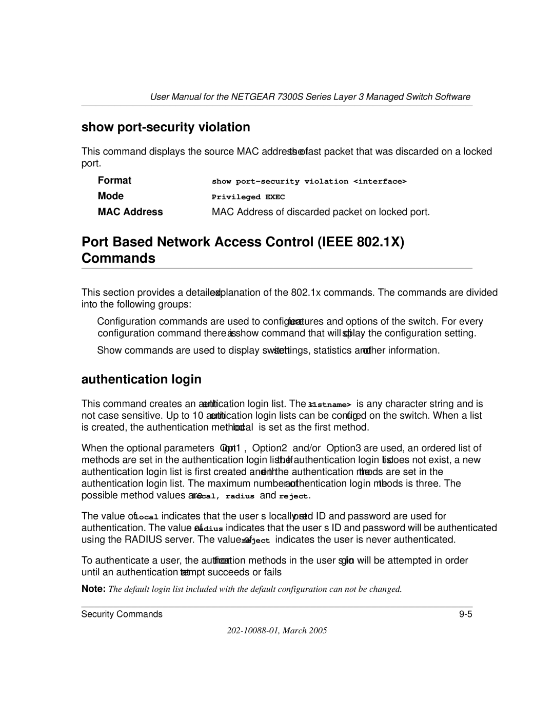 NETGEAR NETGEAR Port Based Network Access Control Ieee 802.1X Commands, Show port-security violation, Authentication login 