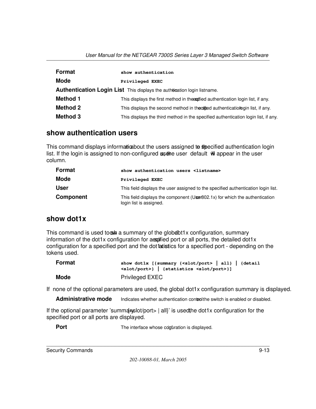 NETGEAR NETGEAR user manual Show authentication users, Show dot1x, Method, User 