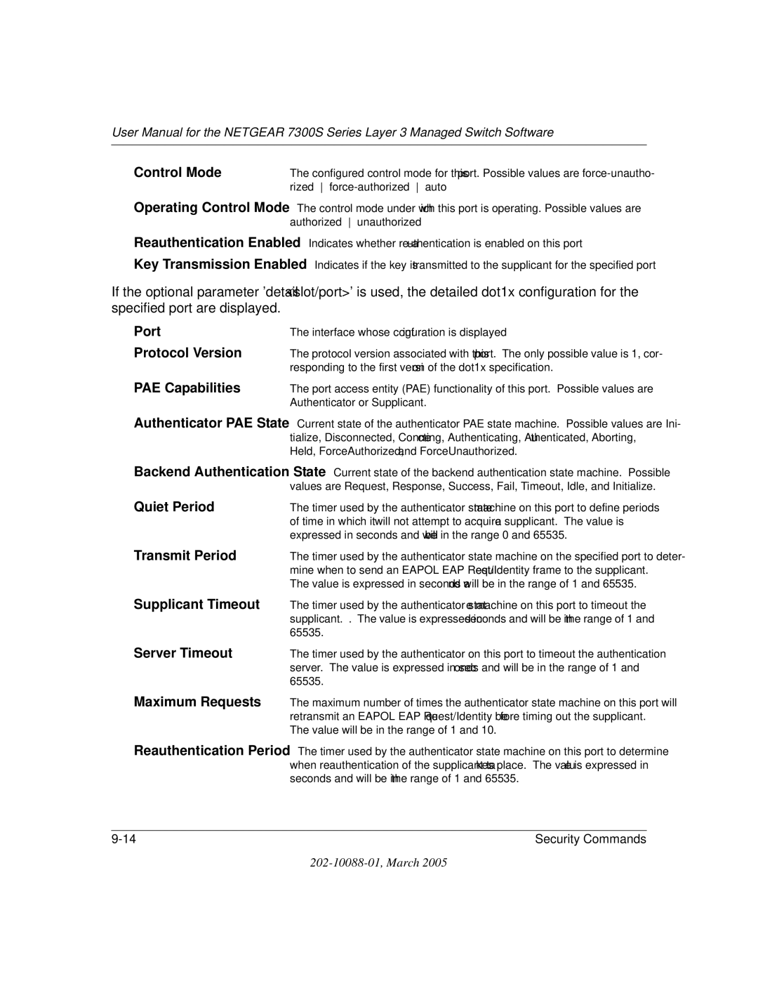 NETGEAR NETGEAR Control Mode, Protocol Version, PAE Capabilities, Quiet Period, Transmit Period, Supplicant Timeout 